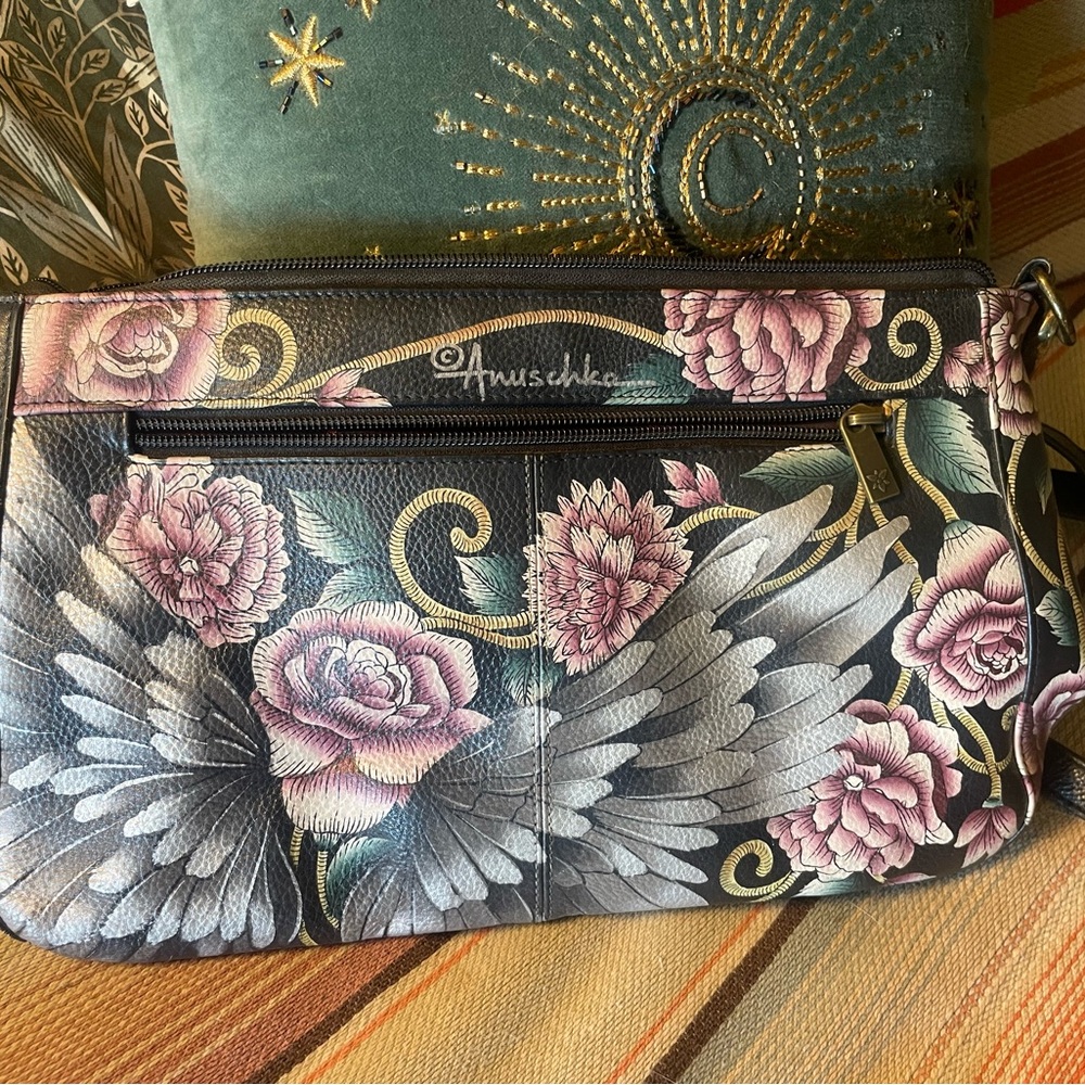 Anuschka Black Bag with Pink Floral and Wing Design - Picture 4 of 5